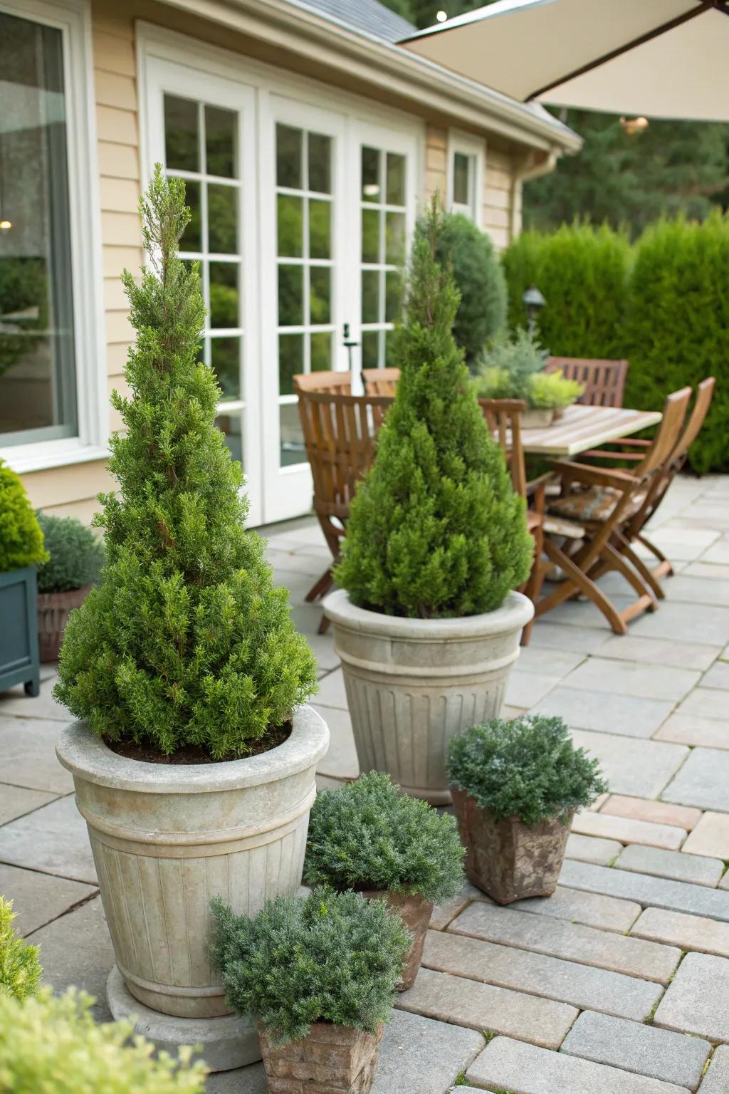 Junipers displayed in containers on an enchanting patio