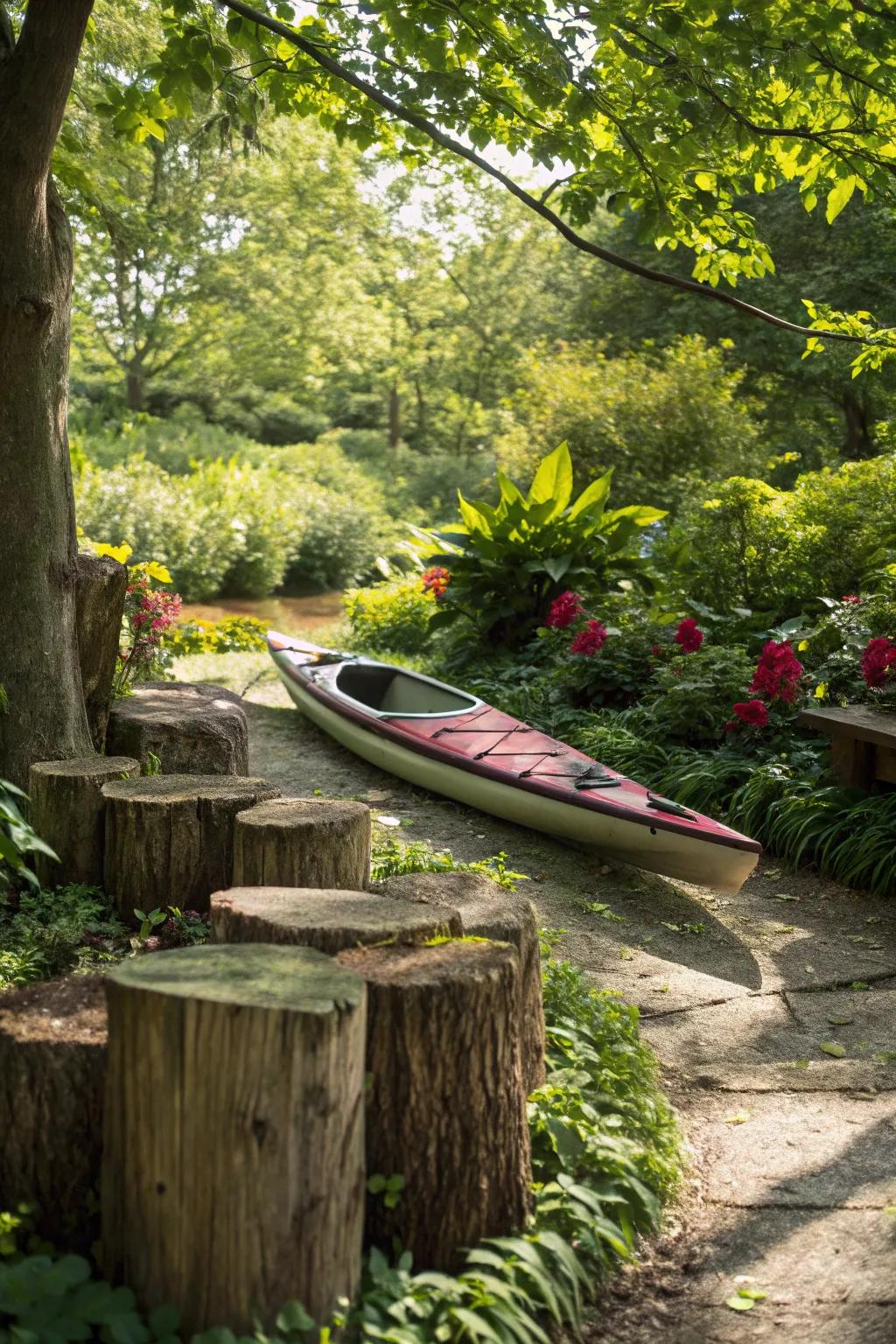 Kayak stored employing natural supports.