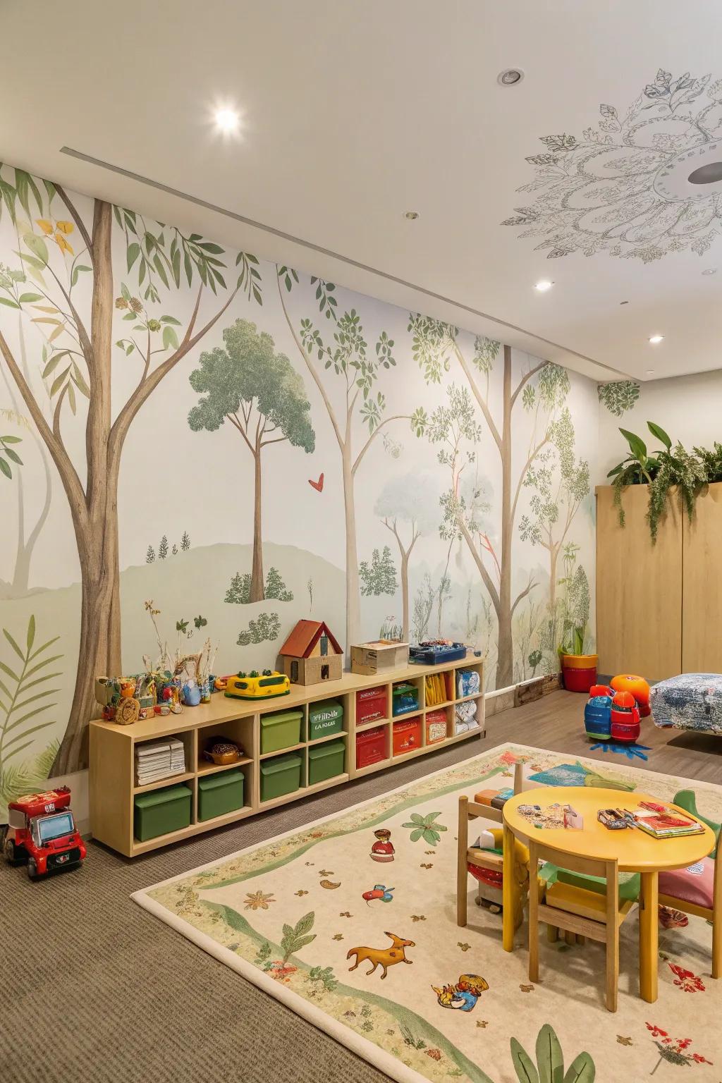 A playroom with wallpaper inspired by nature, bringing the tranquility of the outdoors inside.