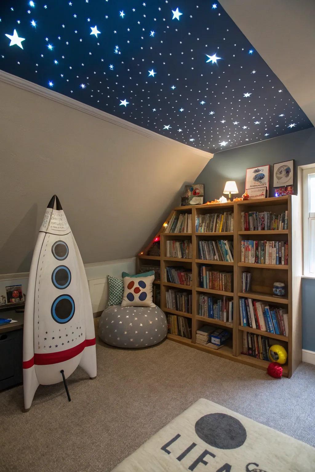A stellar space explorer's reading nook, ready for cosmic adventures.
