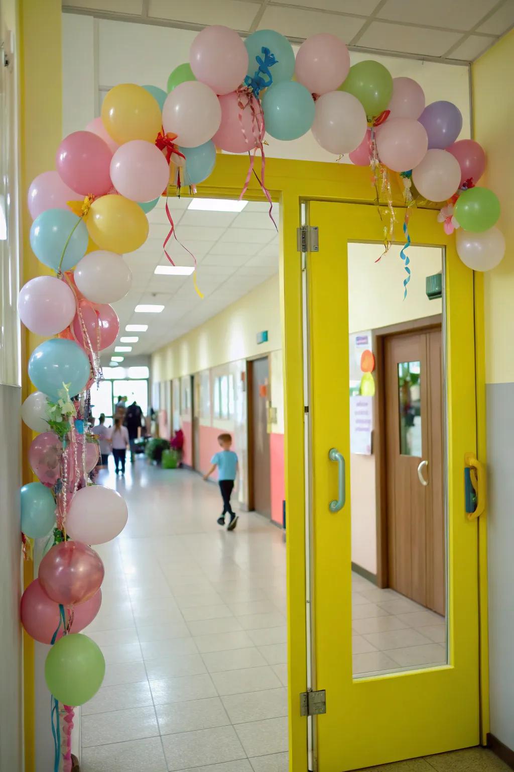 A kindergarten door populated with kaleidoscope balloon decorations.