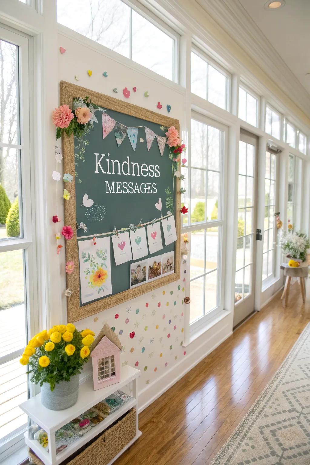 A spring-themed kindness bulletin board in a bright room, adorned with festive decorations.