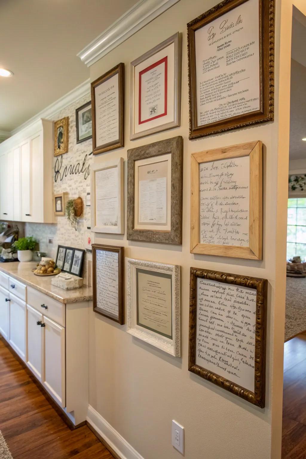 Framed family dishes offer a meaningful connection to the past.