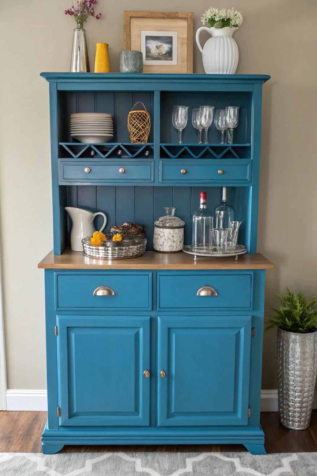A colorful bar cabinet introduces a playful element to the kitchen.