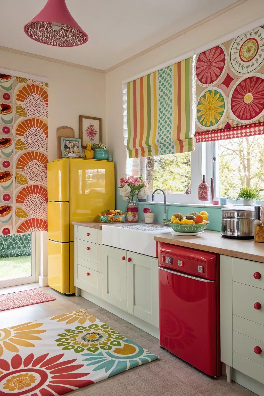 Vibrant kitchen featuring bold patterned blinds