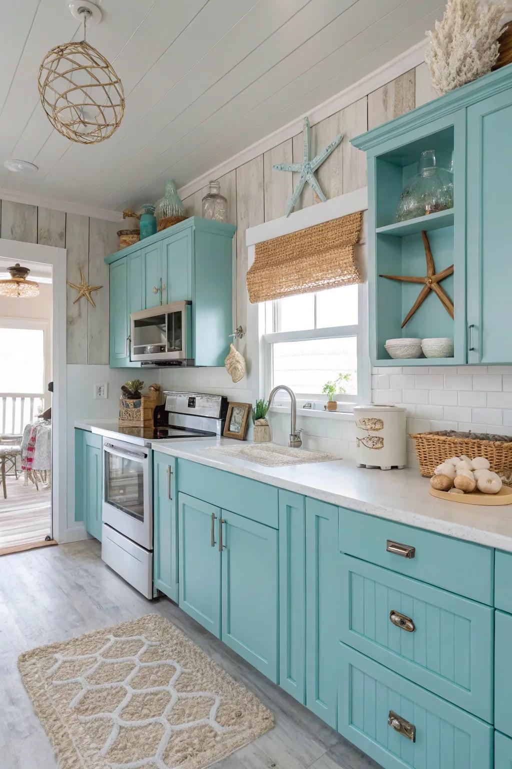 Azure cabinets evoke a refreshing coastal vibe.