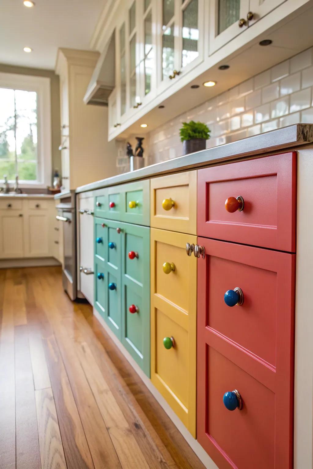 Colorful fixtures swiftly invigorate the kitchen atmosphere.