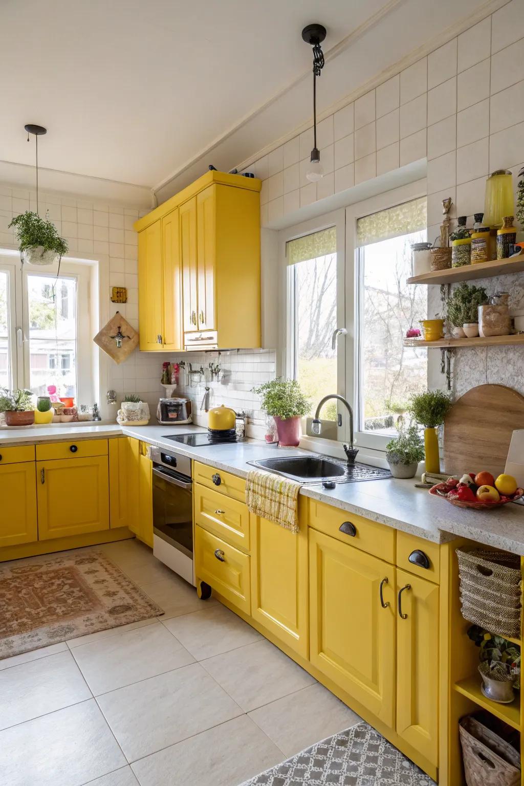 Lively golden yellow embellishments deliver a cheerful vitality to the cooking space.