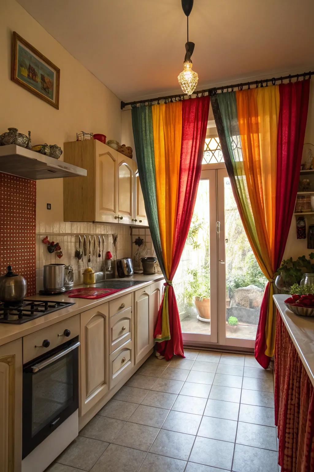 Strong-colored window coverings change the kitchen into an energetic space.