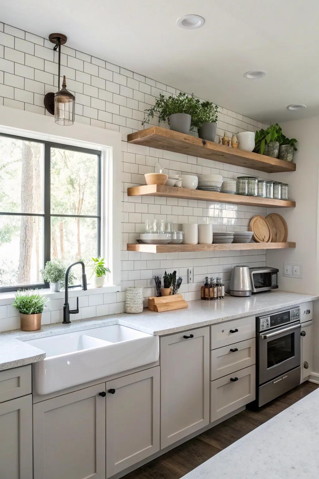 Thoughtfully positioned shelves optimize kitchen space.