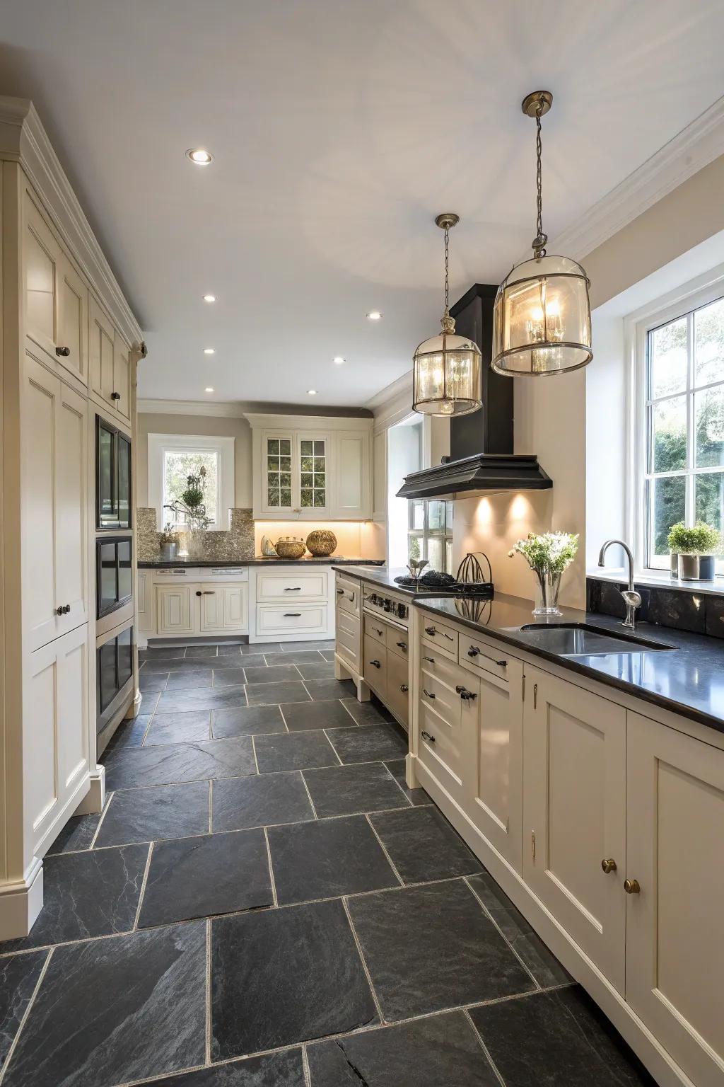 Dark stone tiles add drama and refinement.