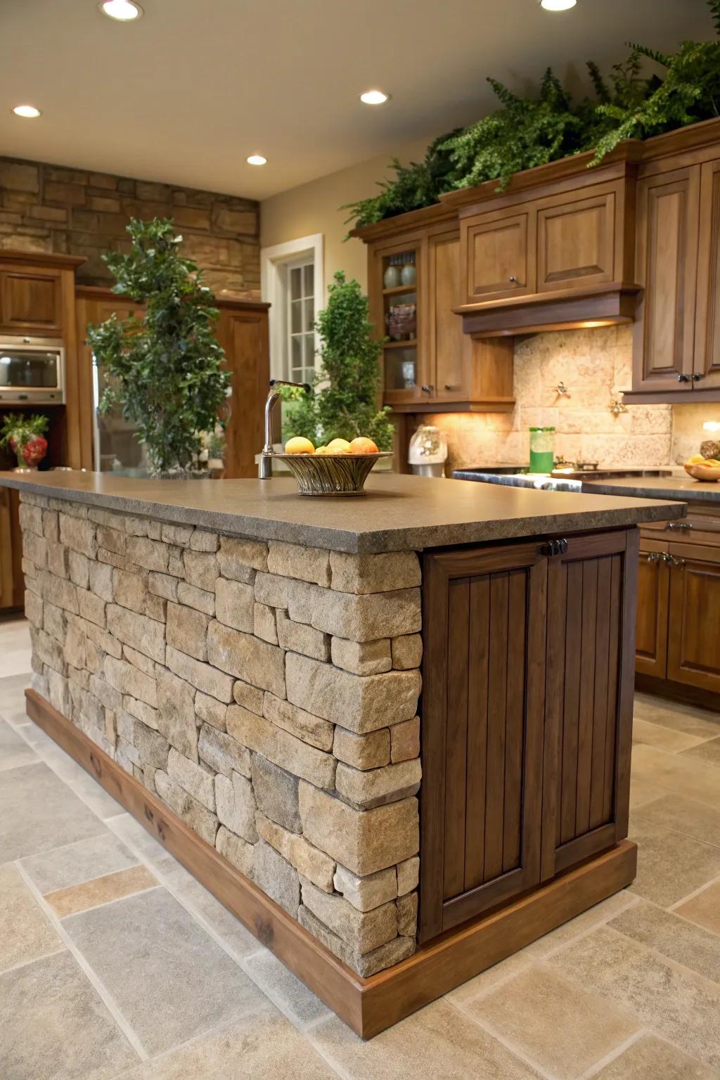 Textured stone contributes organic depth and beauty to this kitchen island, improving its tangible appeal.