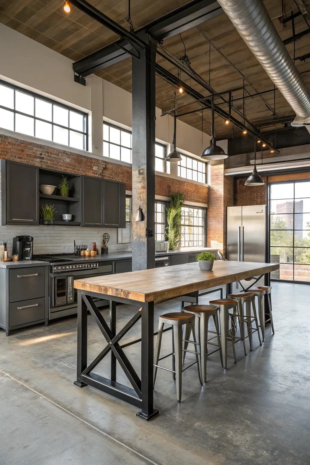 A factory edge for a bold central island meal setup.