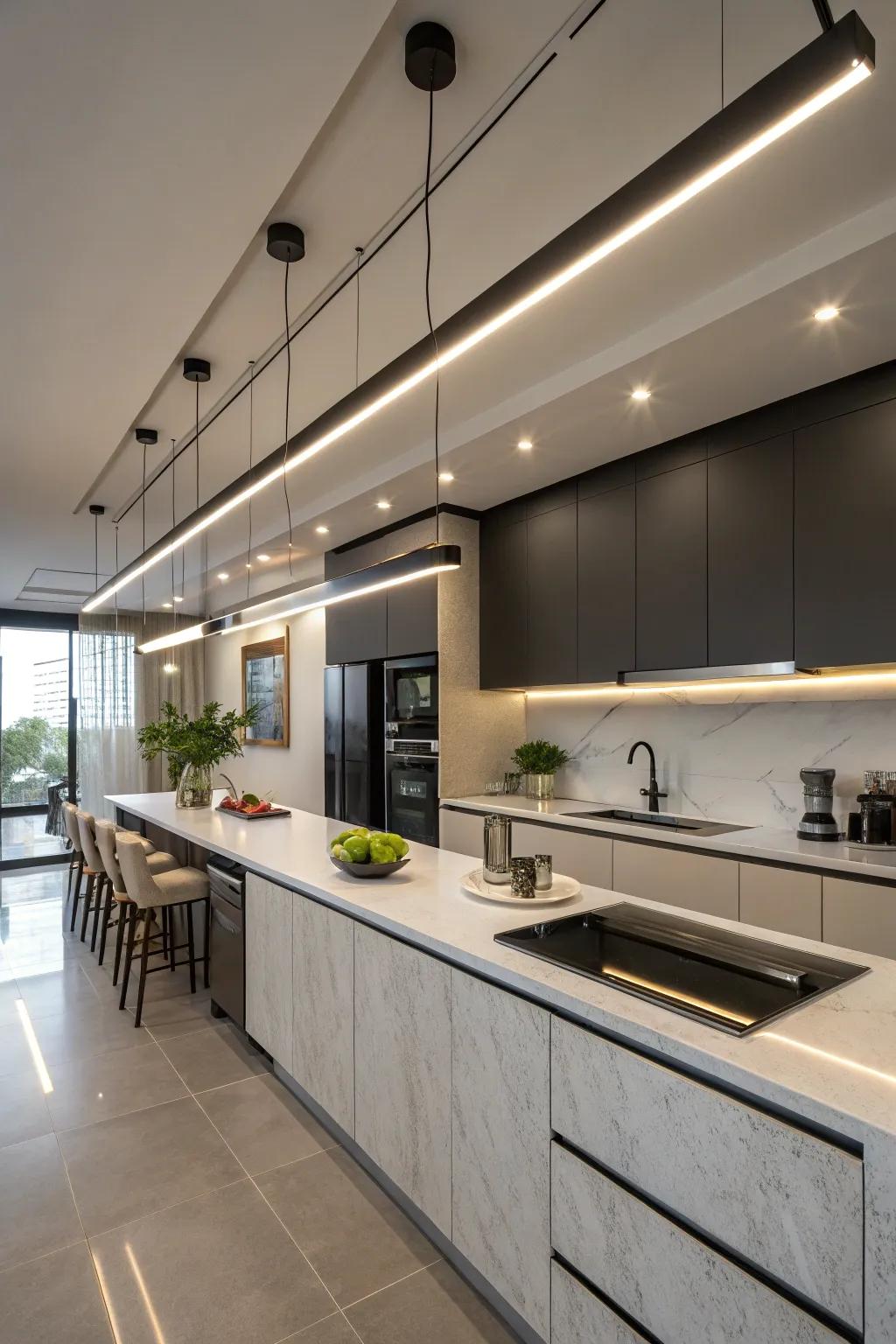 Linear lighting provides refined and consistent shine above kitchen counters.