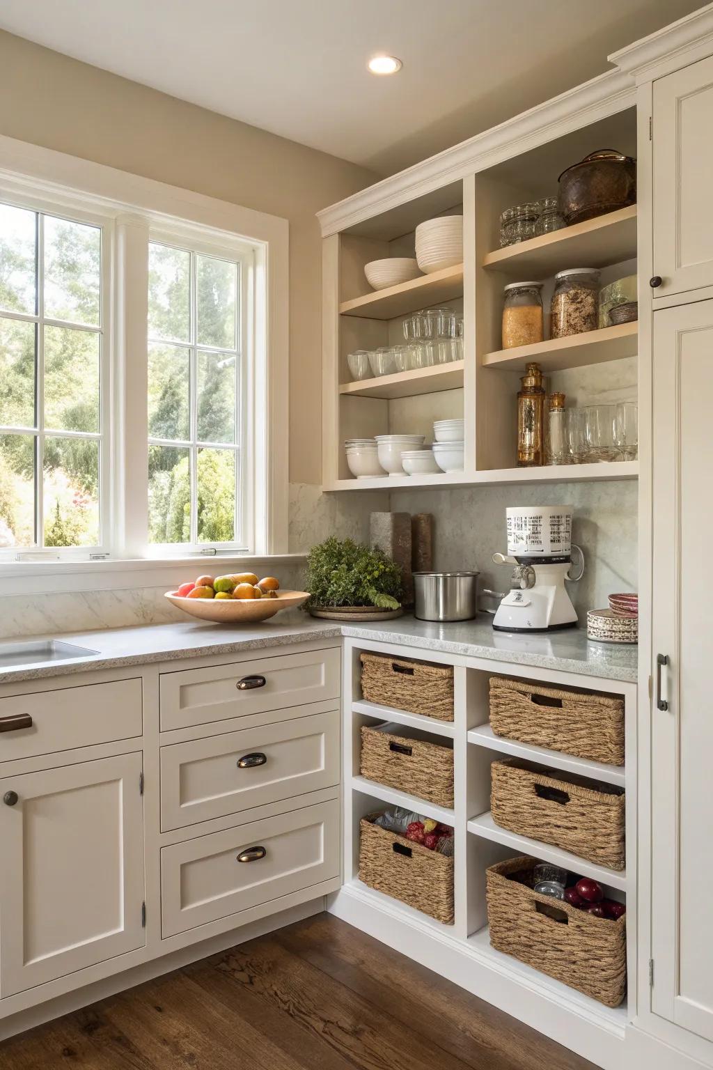 A kitchen optimized with efficient storage solutions.