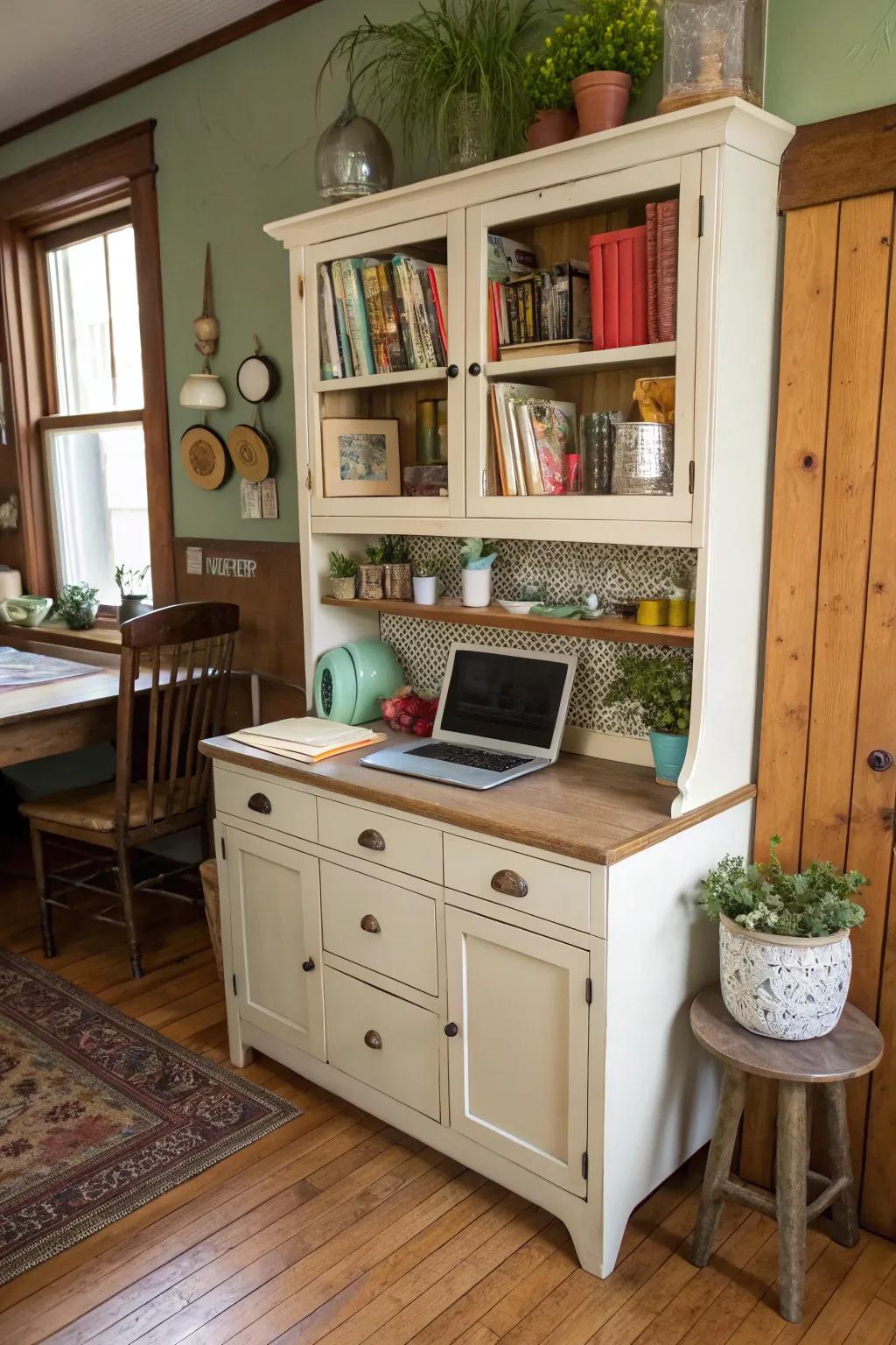An antique hutch creatively turns into a kitchen office.