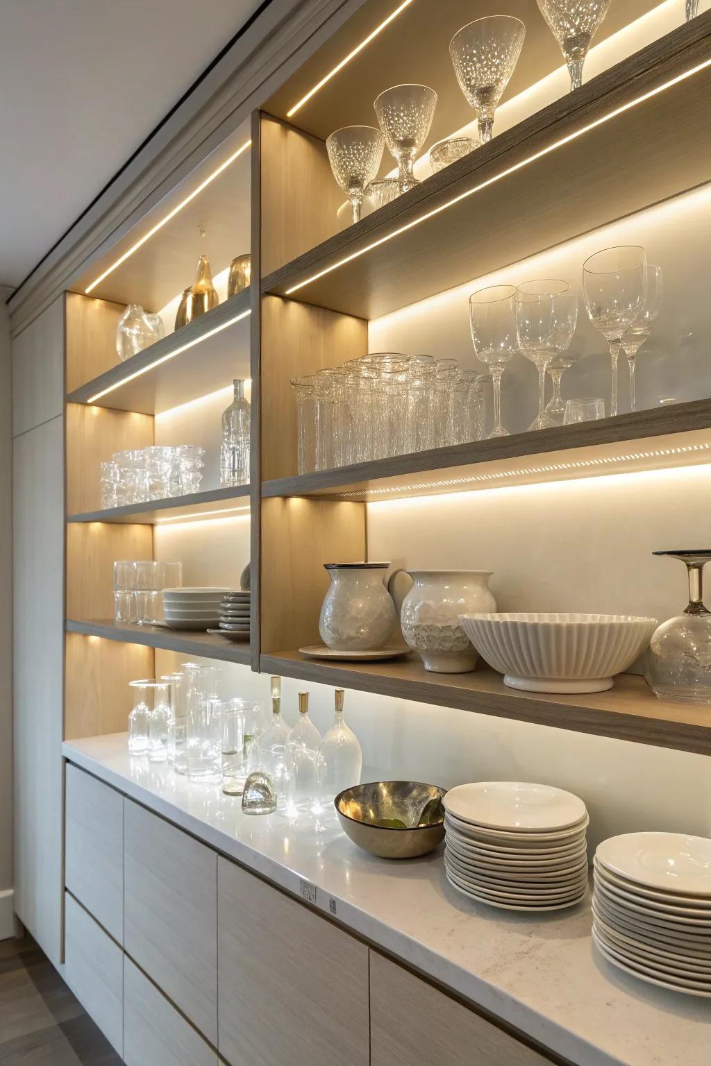 Shelves illuminated with integrated lighting for enhanced ambiance.