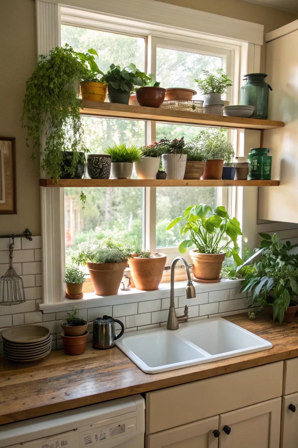 Integrated shelving positioned beneath a culinary window adorned with ornamental flora.