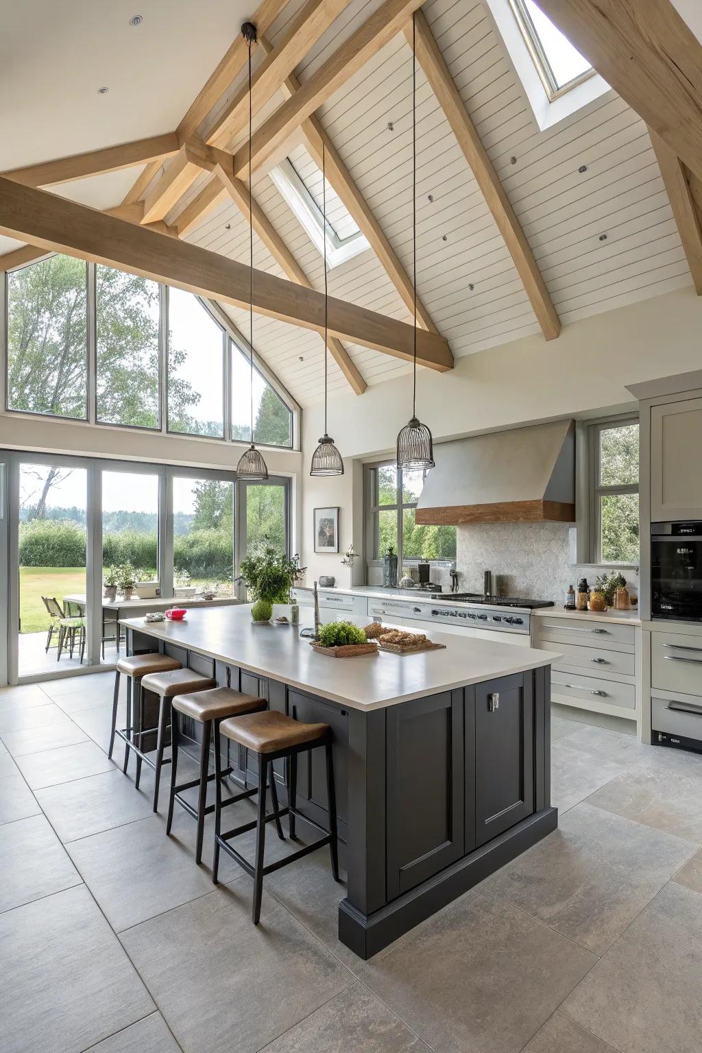 A central island acts as the heart of this kitchen, complete with a vaulted ceiling.