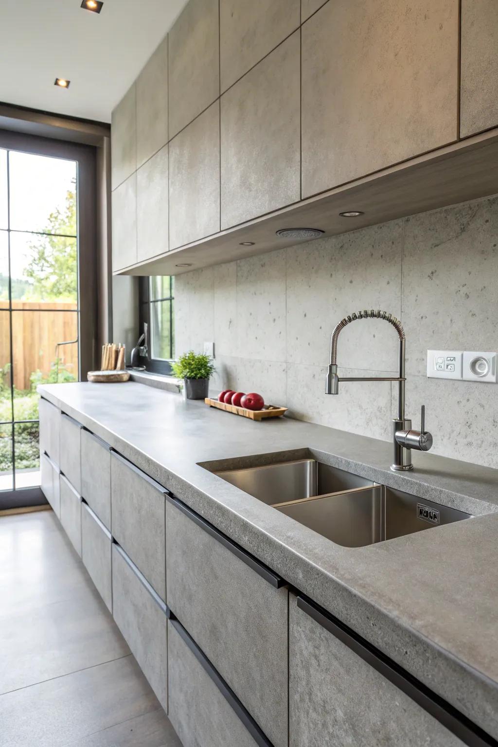A kitchen layout where concrete countertops blend effortlessly with the sink and backsplash.