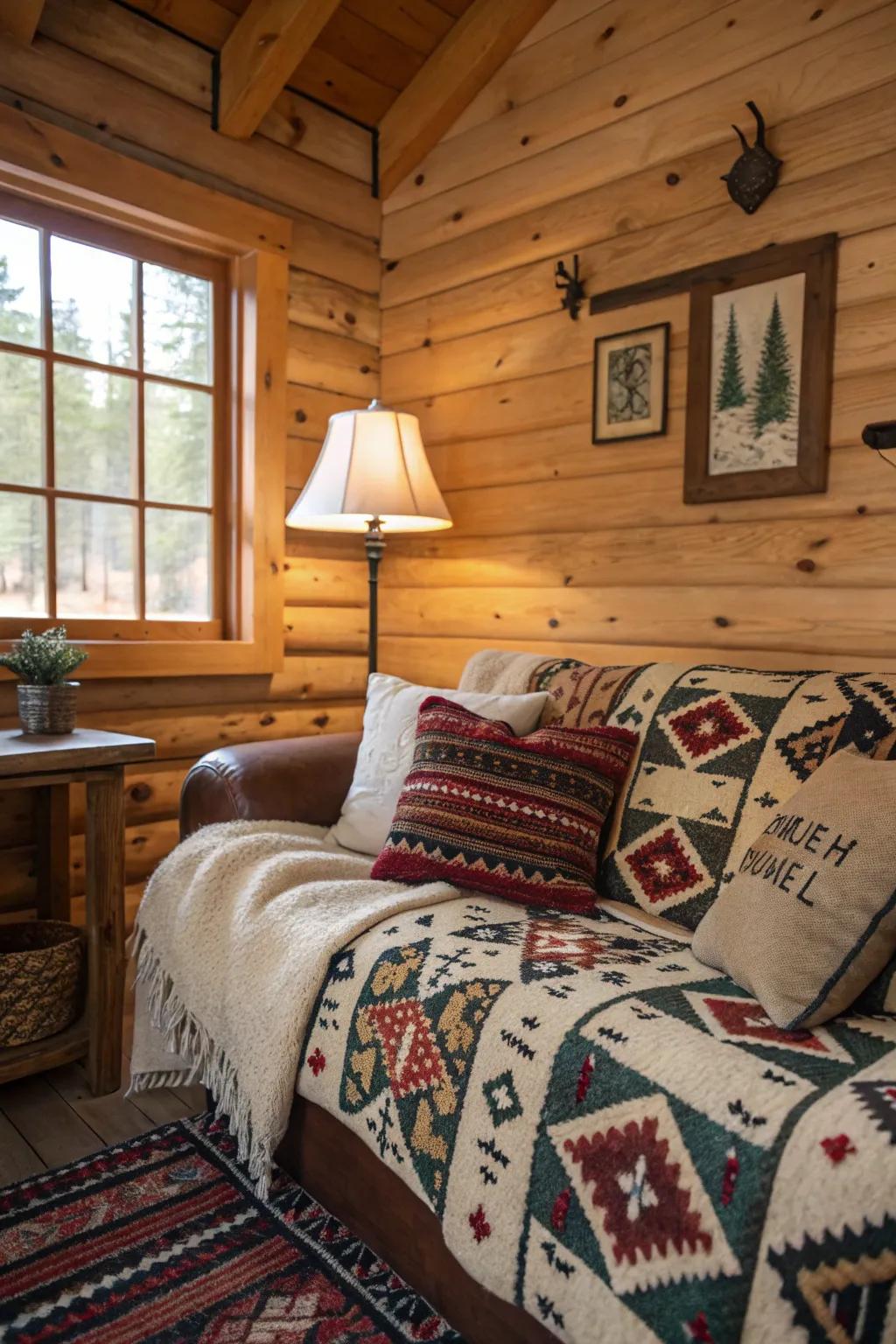 Patterned textiles and throw cushions adding texture to the cabin.