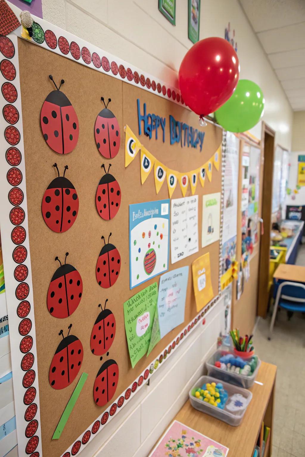A celebratory ladybug birthday board commemorating students' memorable days.