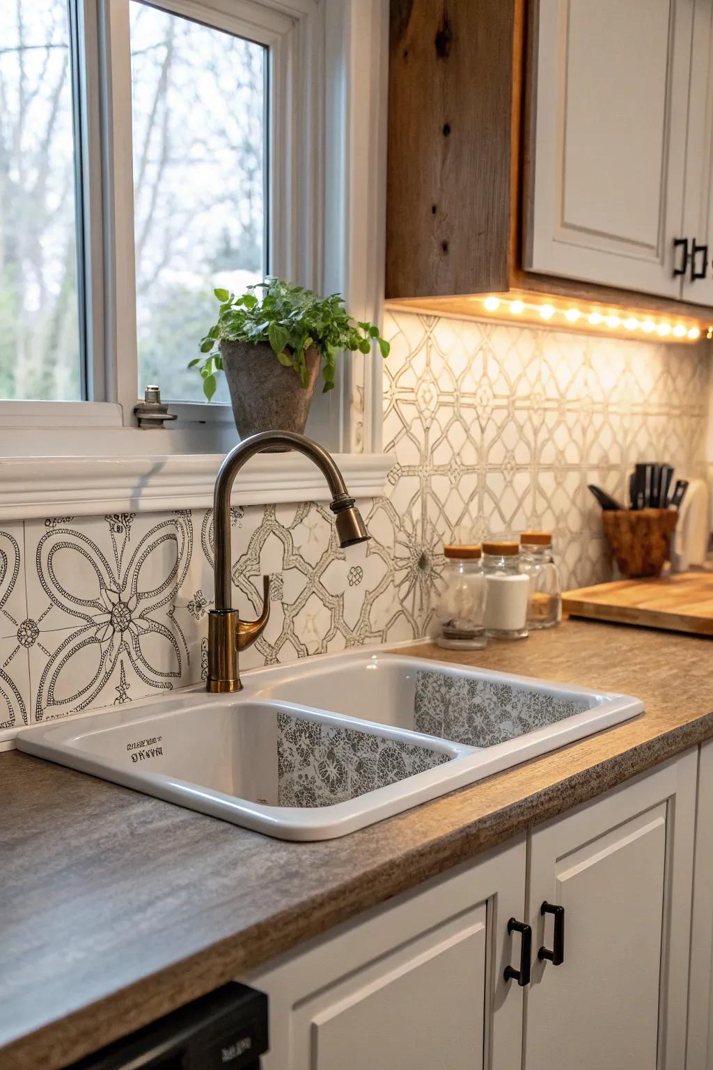 Useful laminate backsplash across the kitchen sink space.