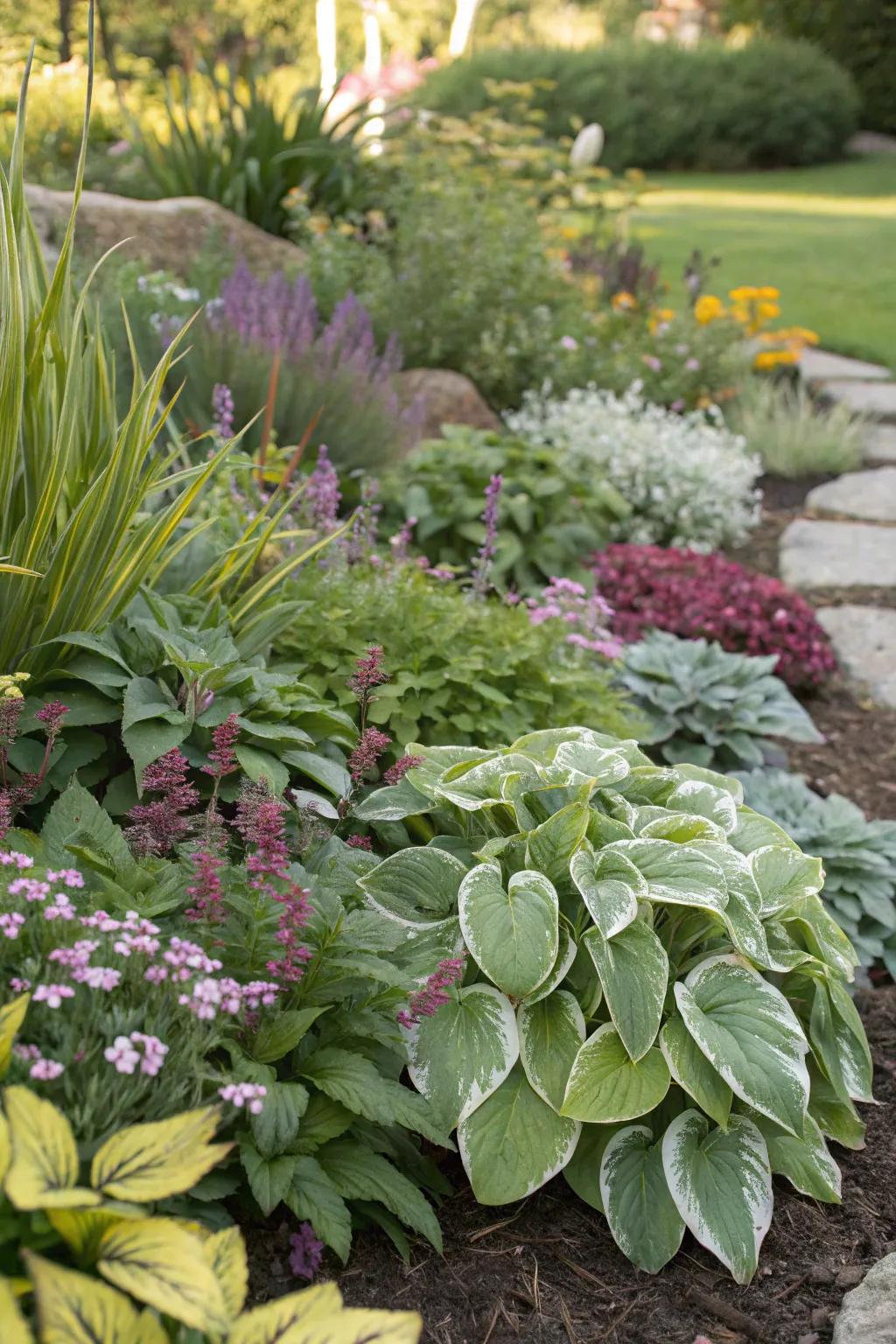 A textured garden bed featuring a variety of plants for visual appeal.