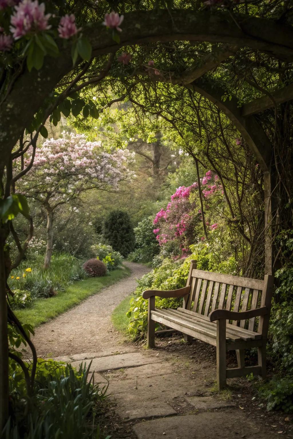 A secluded garden nook featuring a cozy bench, perfect for unwinding.