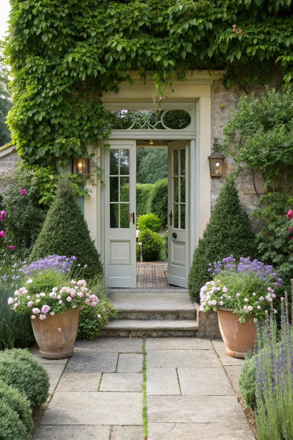 Symmetrical plantings create a balanced and impressive entrance.