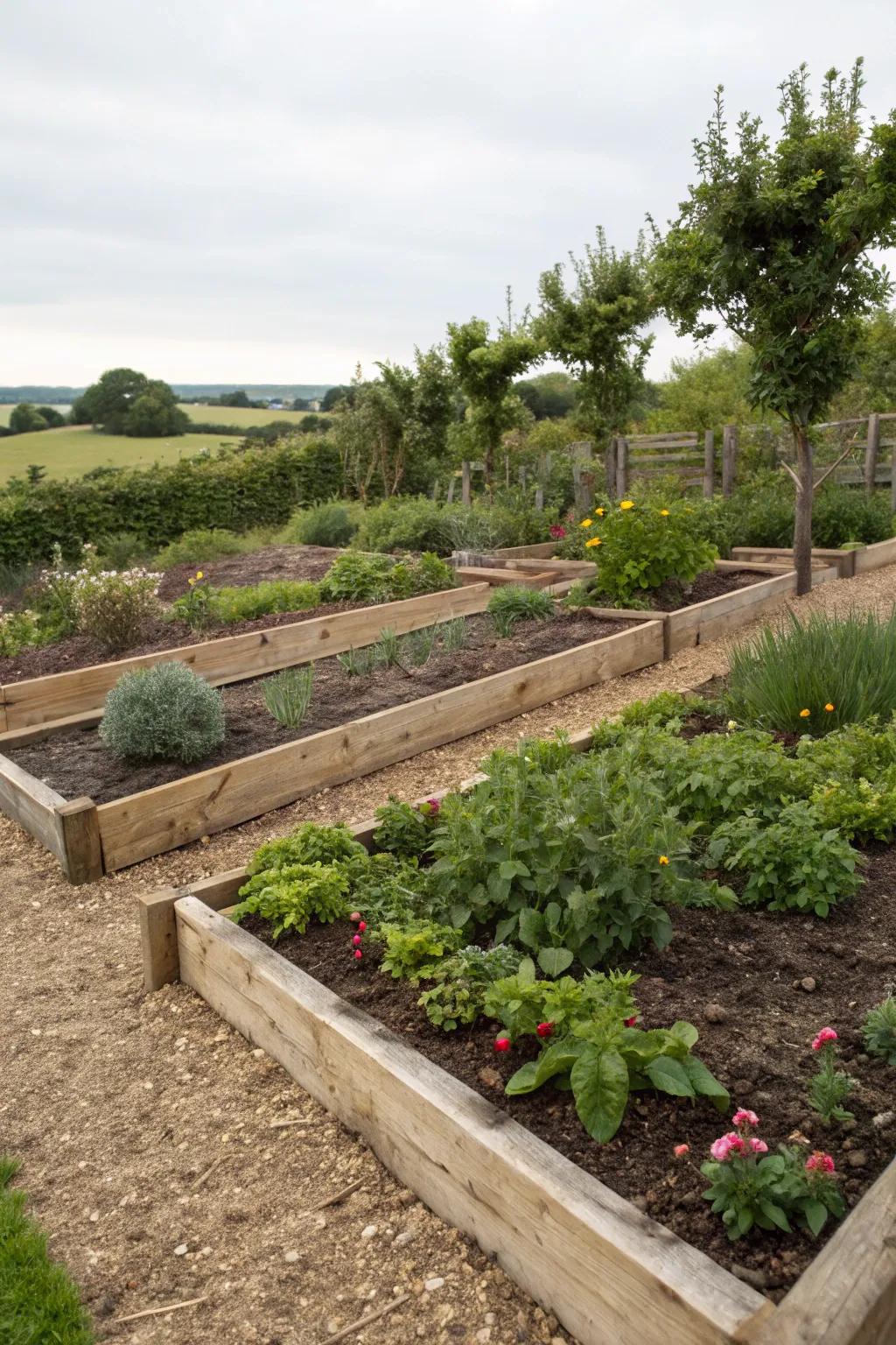Structural timbers excel at defining mulched garden sectors.