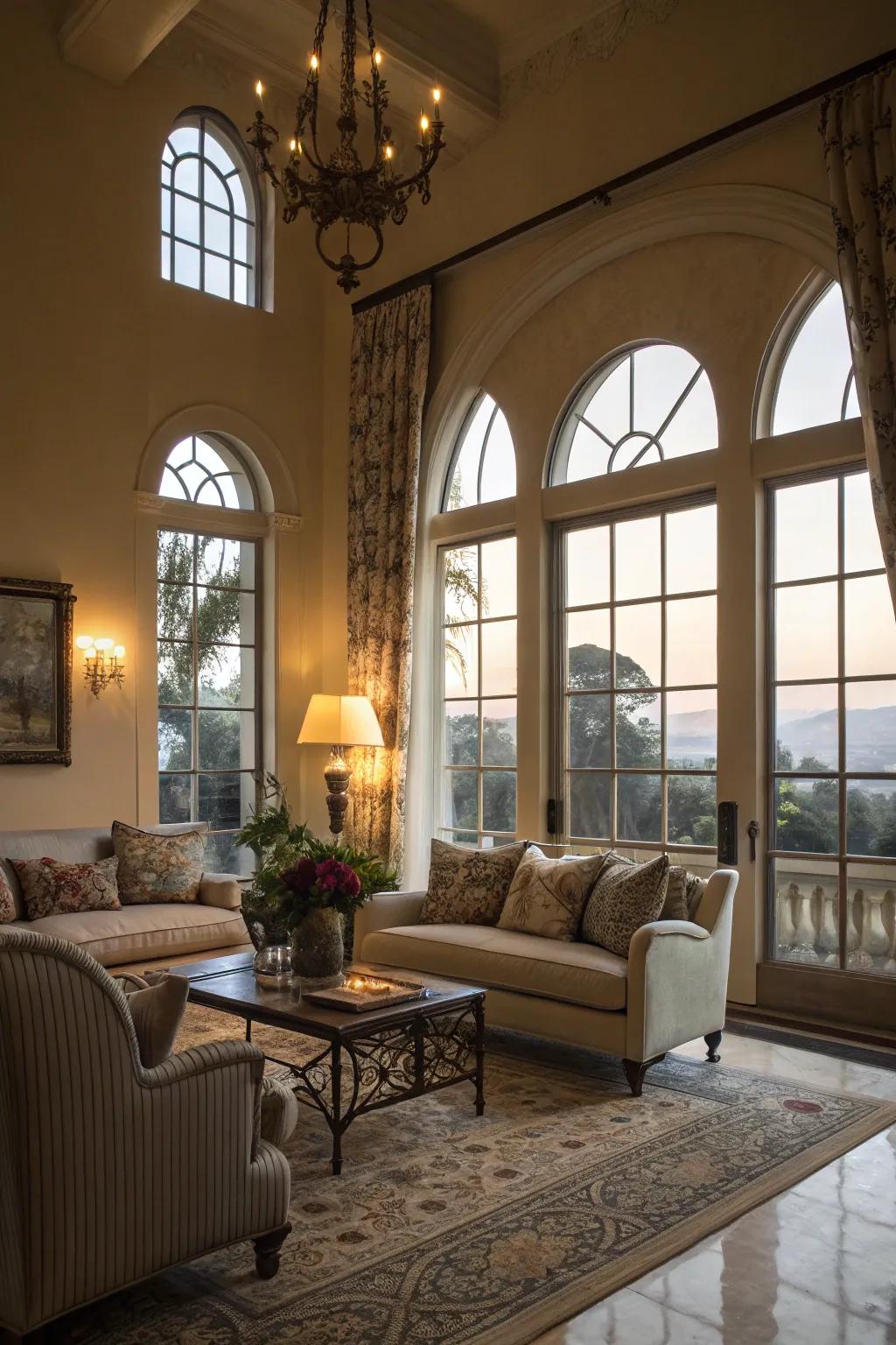 Arched windows contributing a hint of refinement to a stylish living room.