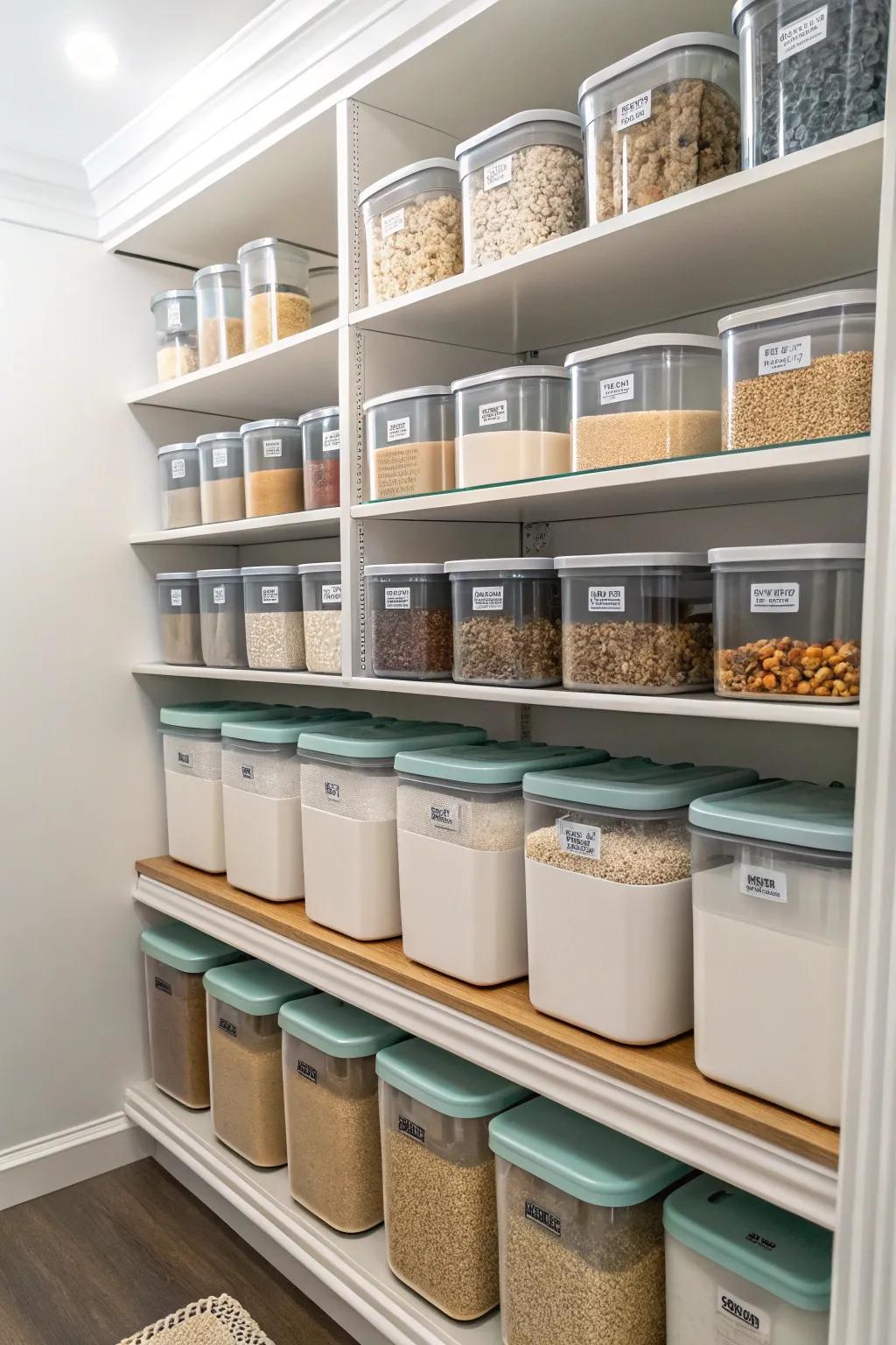 Matching containers help maintain a clean and orderly pantry.