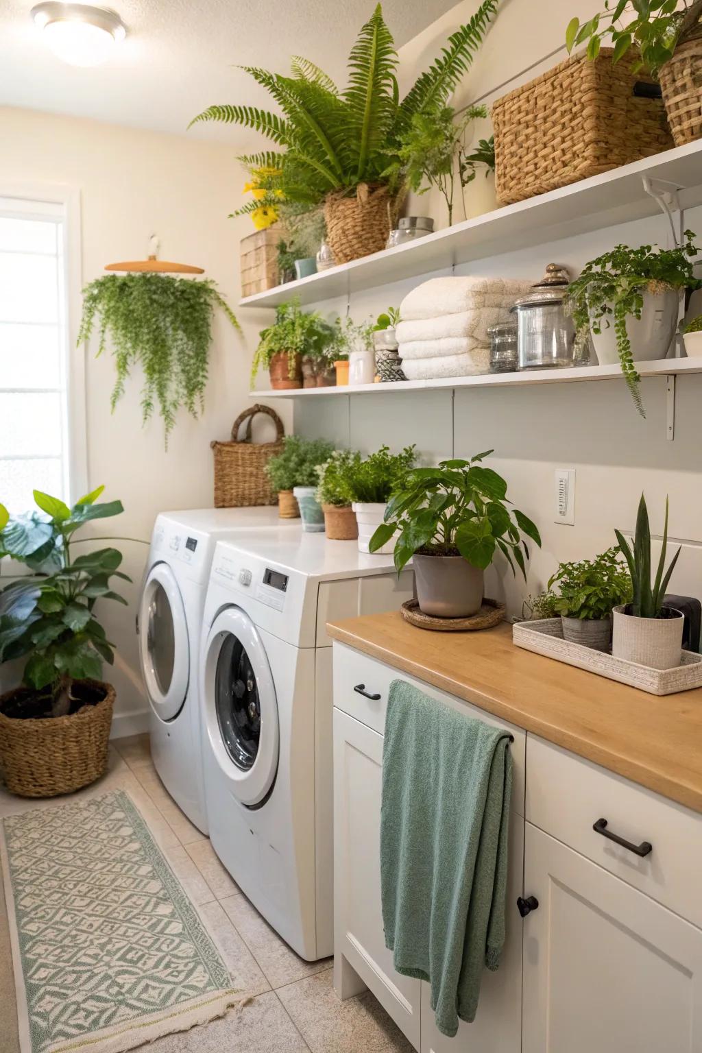 Green plants introduce fresh and lively vitality to the laundry area.