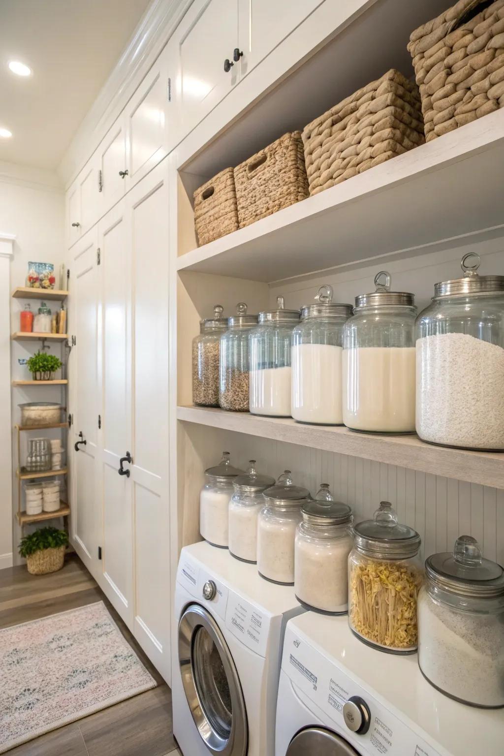 Glass jars provide a stylish way to store laundry essentials.