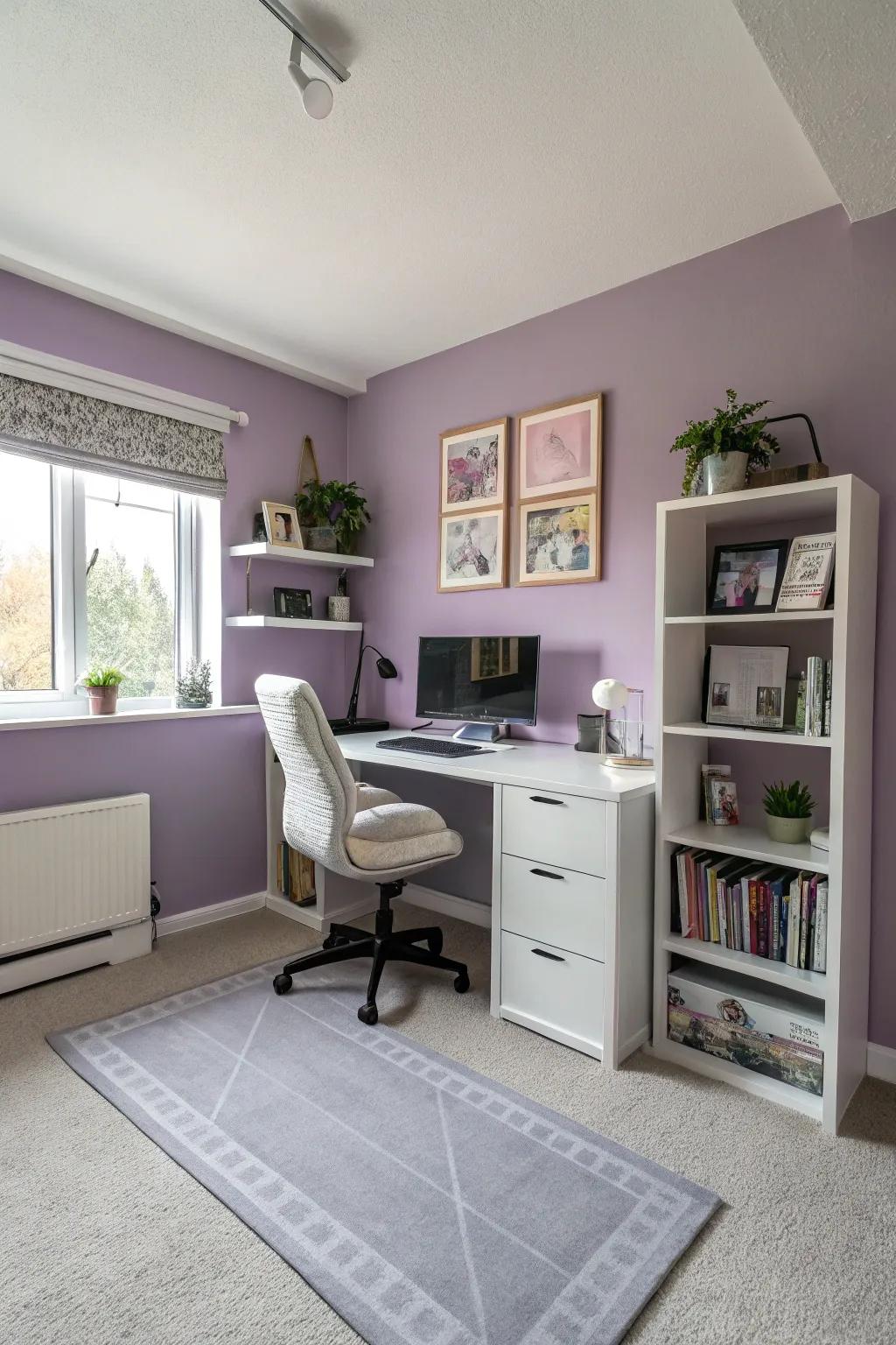 A calming home office with lilac walls and table covering for a focused work environment.