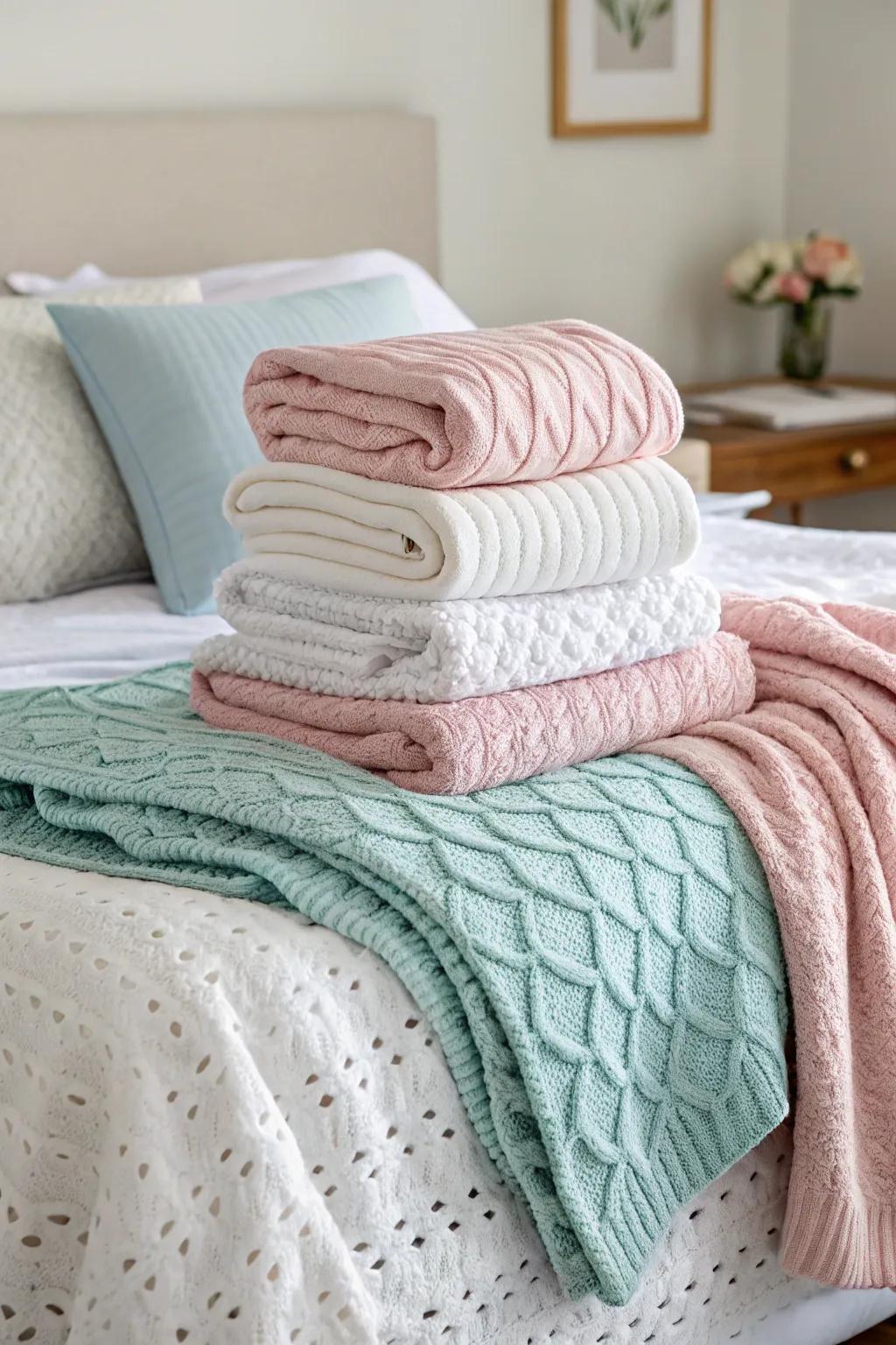 Throw blankets delivering hue and texture to the layered bed.