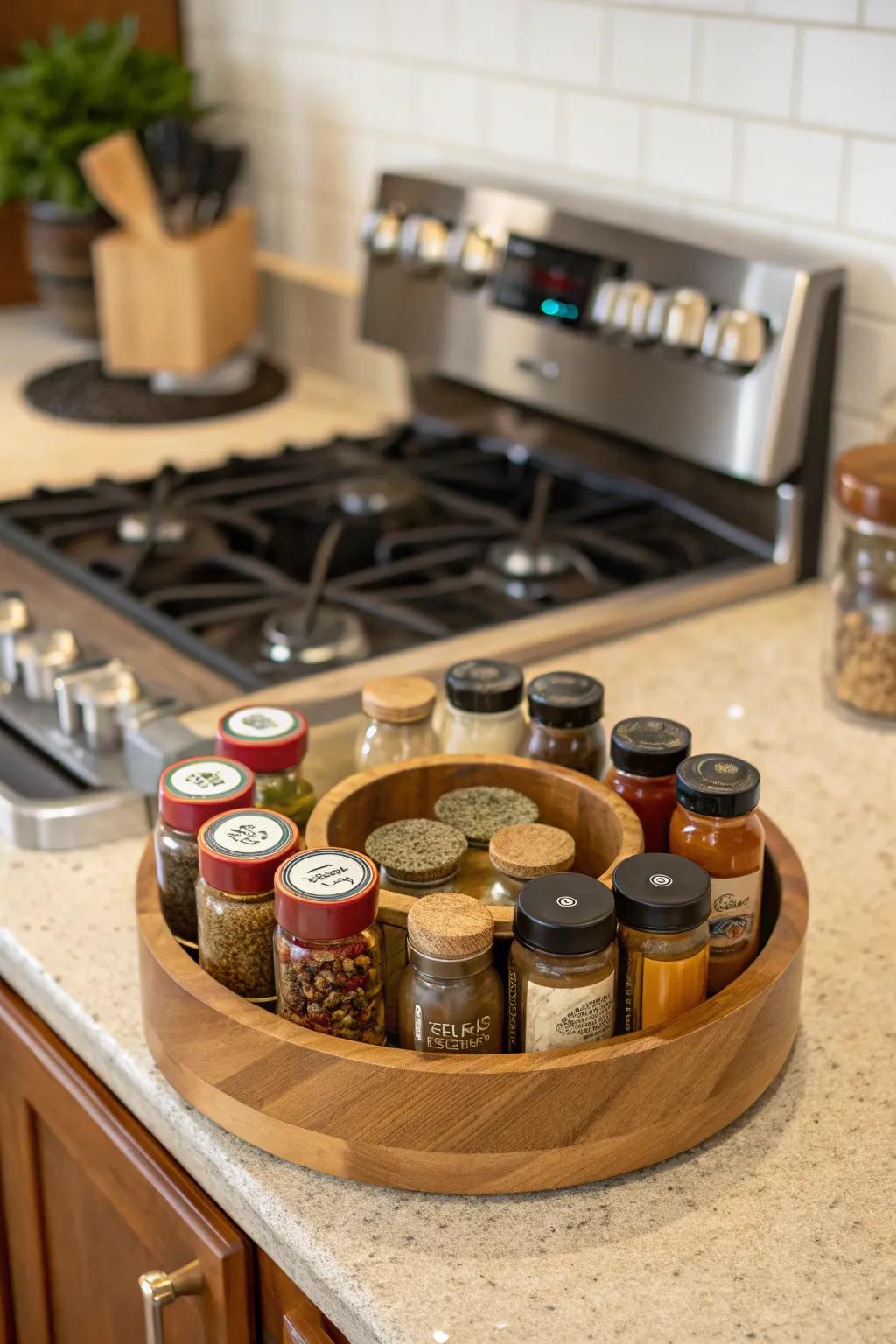 A well-ordered arrangement of seasonings on a spinning organizer for effortless access.