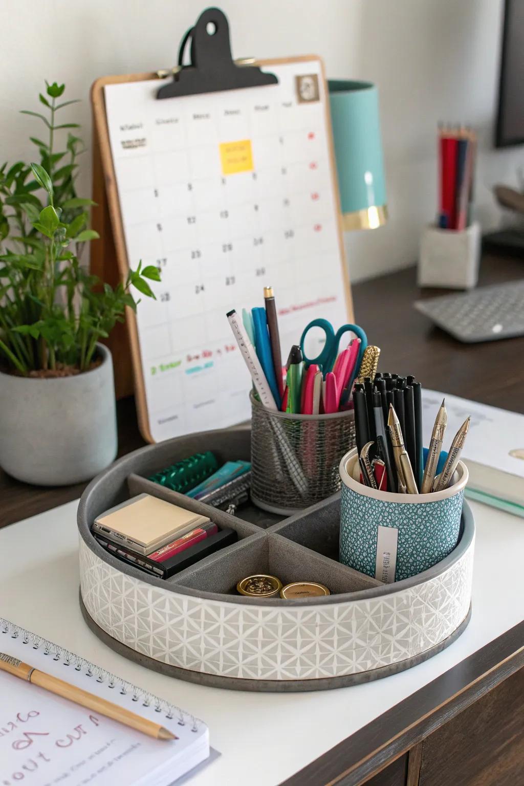 A well-organized desk uses a <strong>lazy Susan</strong> to keep frequently used supplies within reach.&rdquo; loading=&rdquo;lazy&rdquo; class=&rdquo;pimg&rdquo;>
	</picture><figcaption>A well-organized desk uses a <strong>lazy Susan</strong> to keep frequently used supplies within reach.</figcaption></figure>
<p>In your home office, use a <strong>lazy Susan</strong> to organize items like pens, staplers, and paperclips. It&rsquo;s a simple way to keep your workspace tidy and your thoughts clear.</p>
<h3>Possibly handy products:</h3>
<ul class=