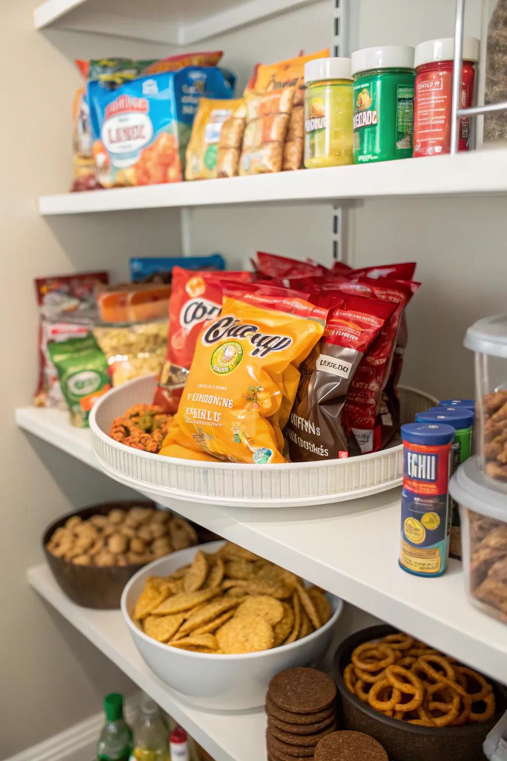 Organize snacks effectively with a designated spinning organizer.