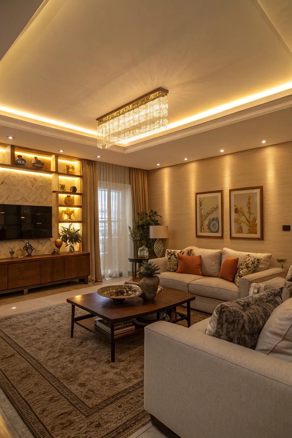 Refined ambiance achieved through LED alcove illumination.