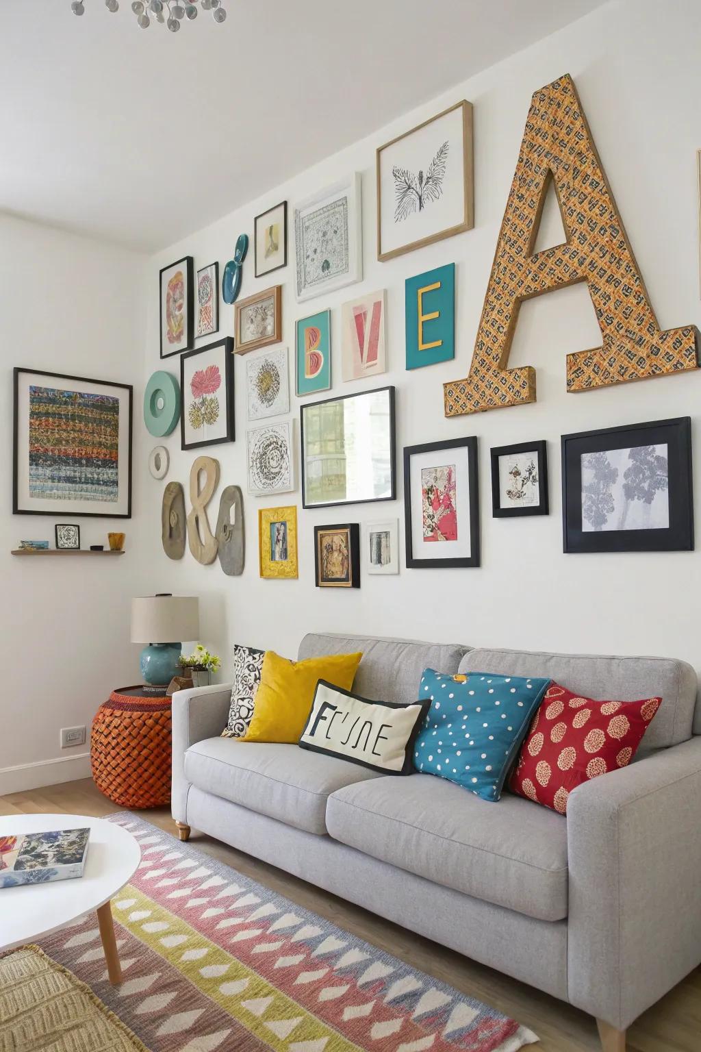 An inventive wall masterpiece with letters and art.