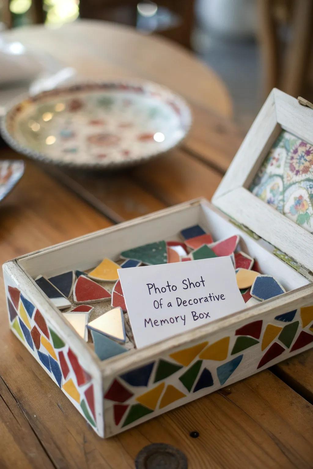 A keepsake box filled with shattered plate pieces and notes.