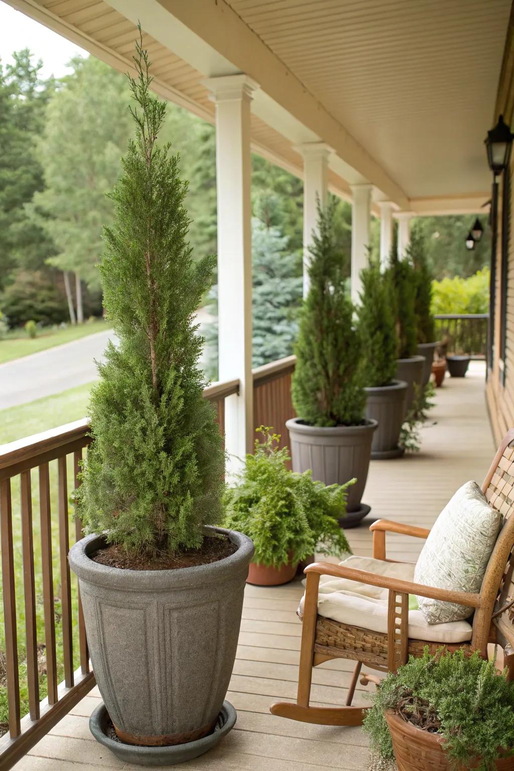 Bring refinement to your entrance with potted Leyland cypress trees.