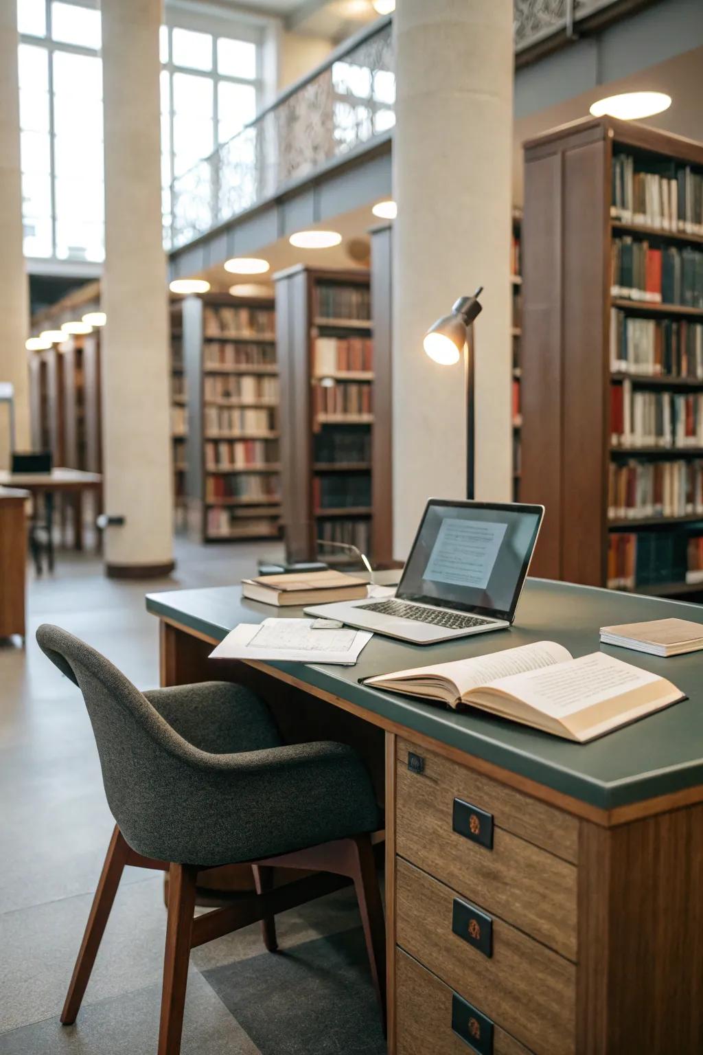 A functional workspace featuring an elegant desk and ergonomic chair in a library setting.