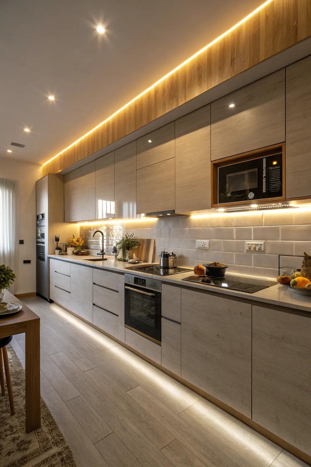 Inviting light emitting diode lighting enhances the coziness of your cooking area.