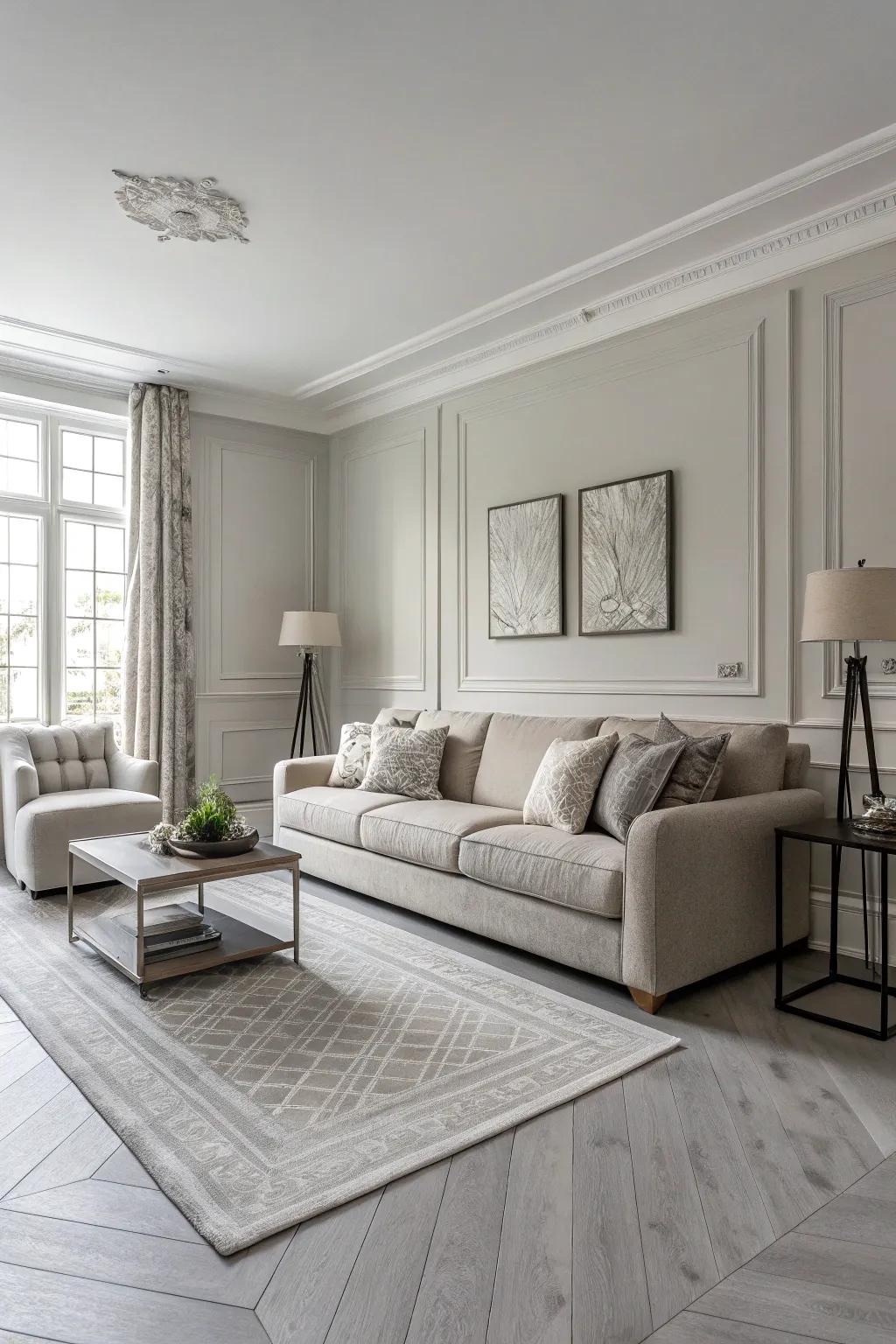 A sleek, monochrome living room showcasing light grey flooring.