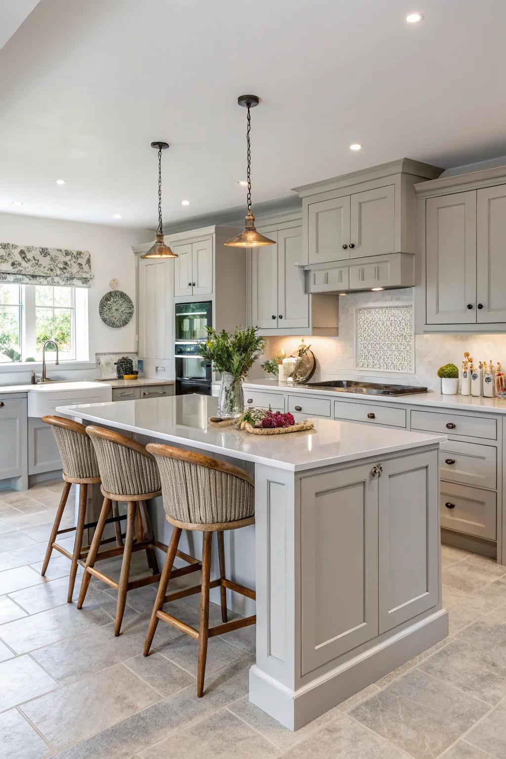 A functional island elegantly complements light grey cabinets.