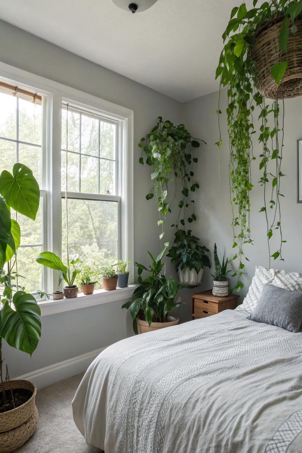 Indoor plants bring color and nature to a light grey bedroom.