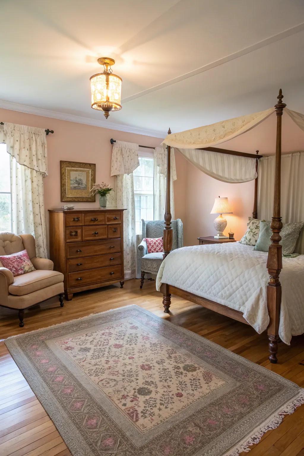 Vintage aspects breathe allure into a bedroom featuring bright timber flooring.
